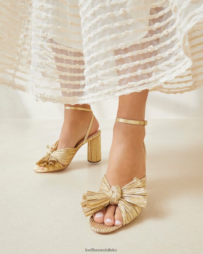 Kvinder Loeffler Randall camellia plisseret sløjfehæl guld sko P64XZ45