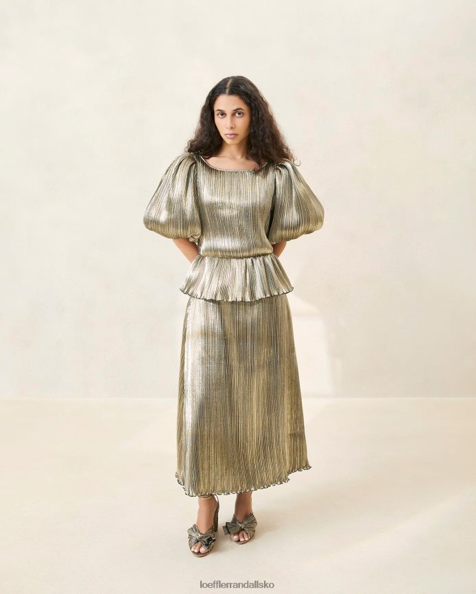 Kvinder Loeffler Randall dorit plisseret kjole med pufærmer mørkt guld tøj P64XZ4194