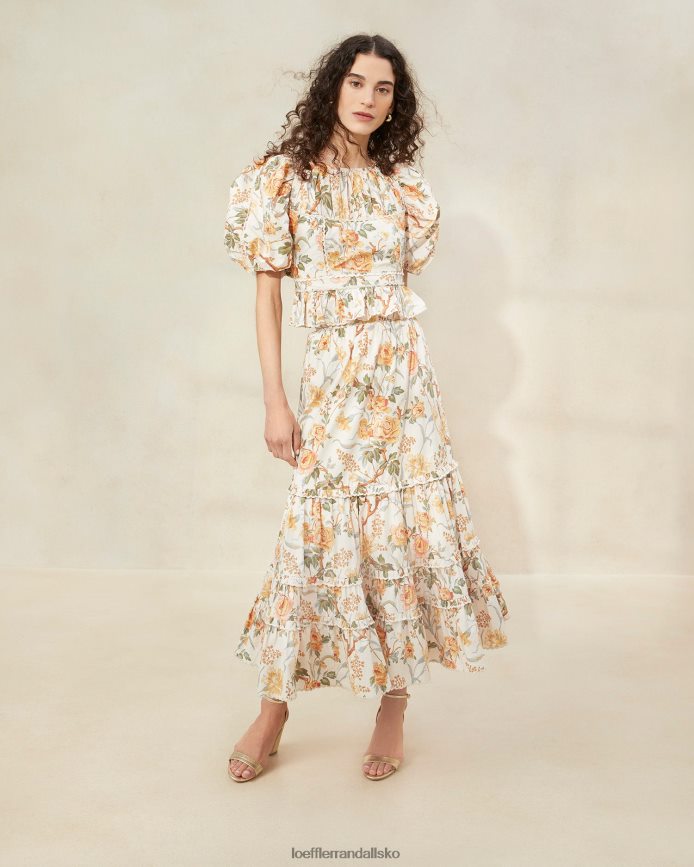 Kvinder Loeffler Randall ellie flosset midi-nederdel creme botanisk blomster tøj P64XZ4224