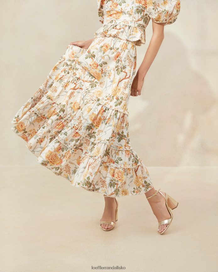 Kvinder Loeffler Randall ellie flosset midi-nederdel creme botanisk blomster tøj P64XZ4224