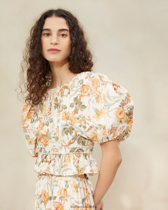 Kvinder Loeffler Randall anna puff-ærmet peplum top creme botanisk blomster tøj P64XZ4206
