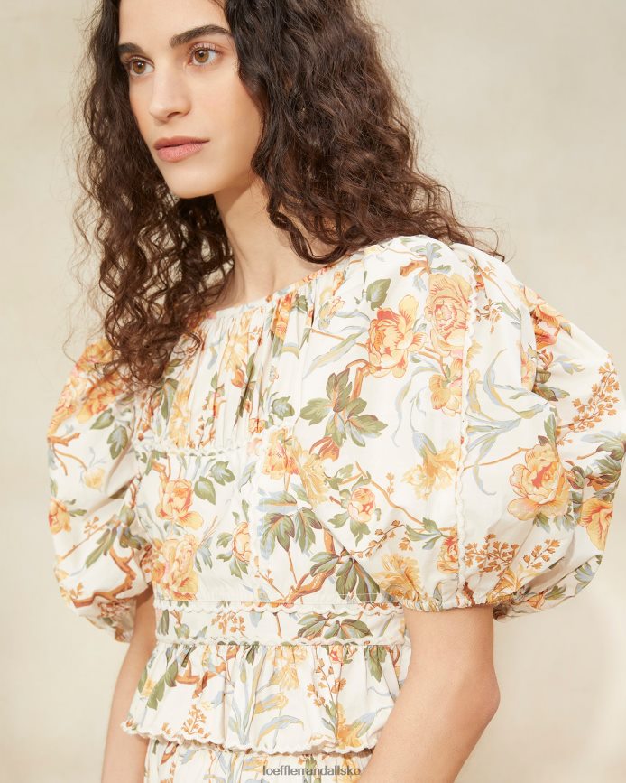 Kvinder Loeffler Randall anna puff-ærmet peplum top creme botanisk blomster tøj P64XZ4206