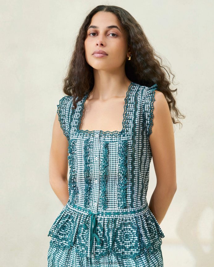 Kvinder Loeffler Randall arden flosset bluse mini grøn gingham tøj P64XZ4204