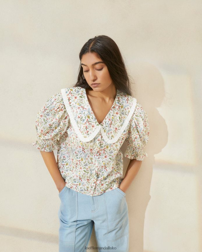 Kvinder Loeffler Randall chantal bluse med pufærmer creme/kløver/valmue multi floral tøj P64XZ4202