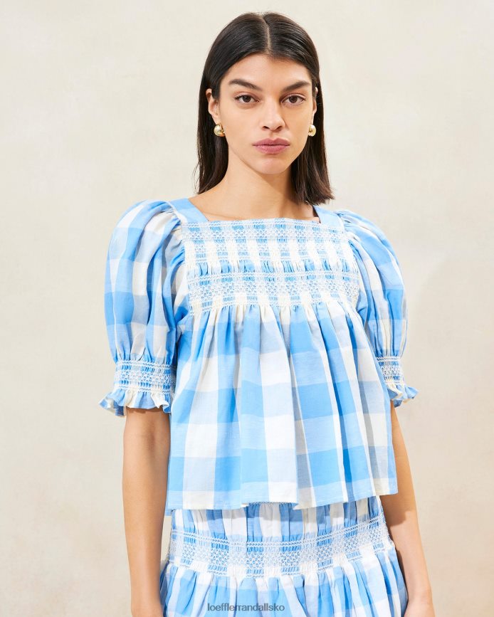 Kvinder Loeffler Randall lydie smocket top blå gingham tøj P64XZ4199