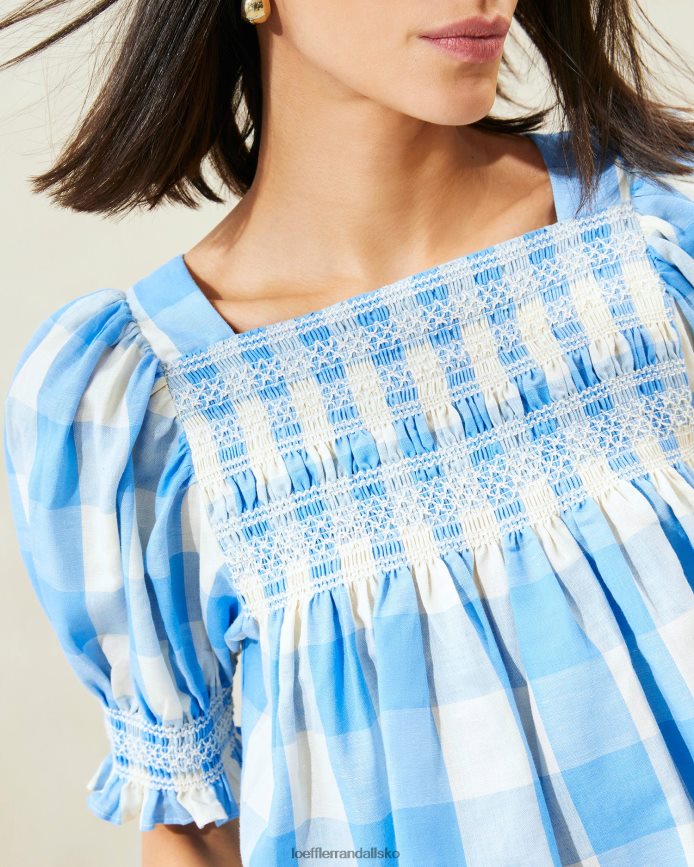 Kvinder Loeffler Randall lydie smocket top blå gingham tøj P64XZ4199