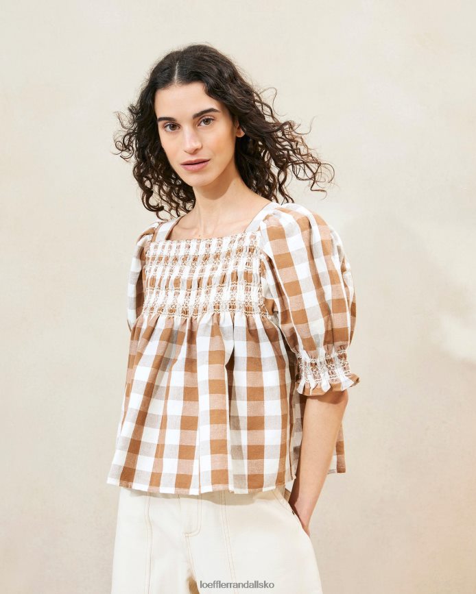 Kvinder Loeffler Randall lydie smocket top brun gingham tøj P64XZ4210