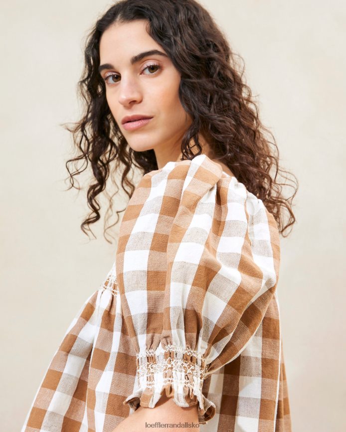 Kvinder Loeffler Randall lydie smocket top brun gingham tøj P64XZ4210