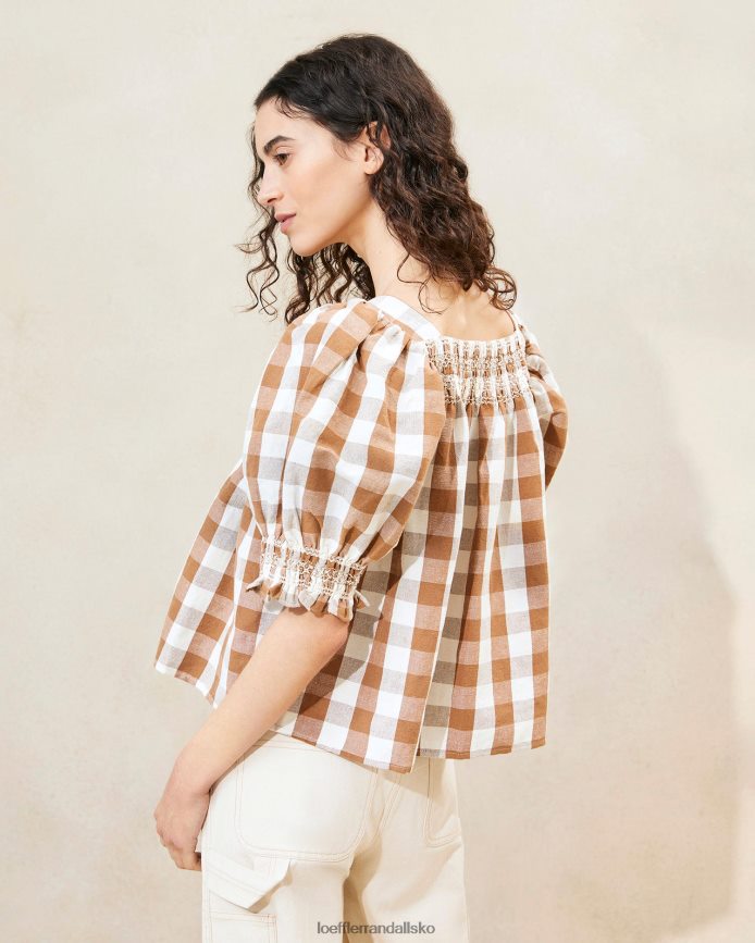 Kvinder Loeffler Randall lydie smocket top brun gingham tøj P64XZ4210